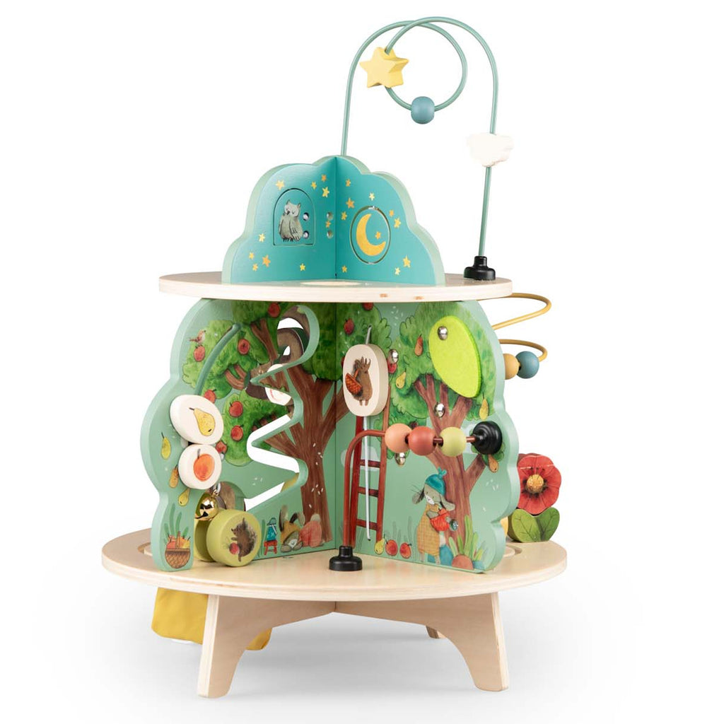 Wooden activity center with multiple levels, featuring zigzag paths, animal engravings, and a star-adorned arch. Bright, playful, and engaging.