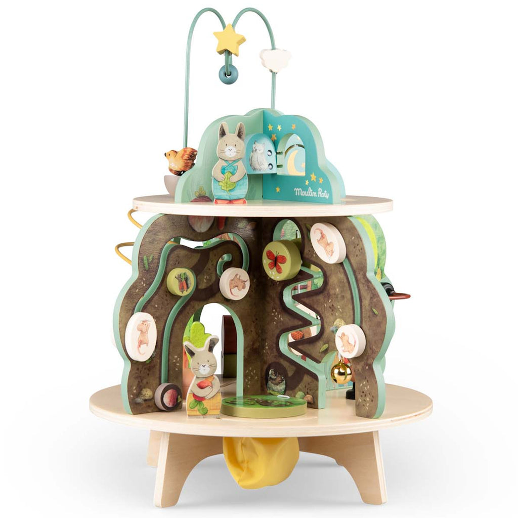 Wooden activity center with multiple levels, featuring zigzag paths, animal engravings, and a star-adorned arch. Bright, playful, and engaging.