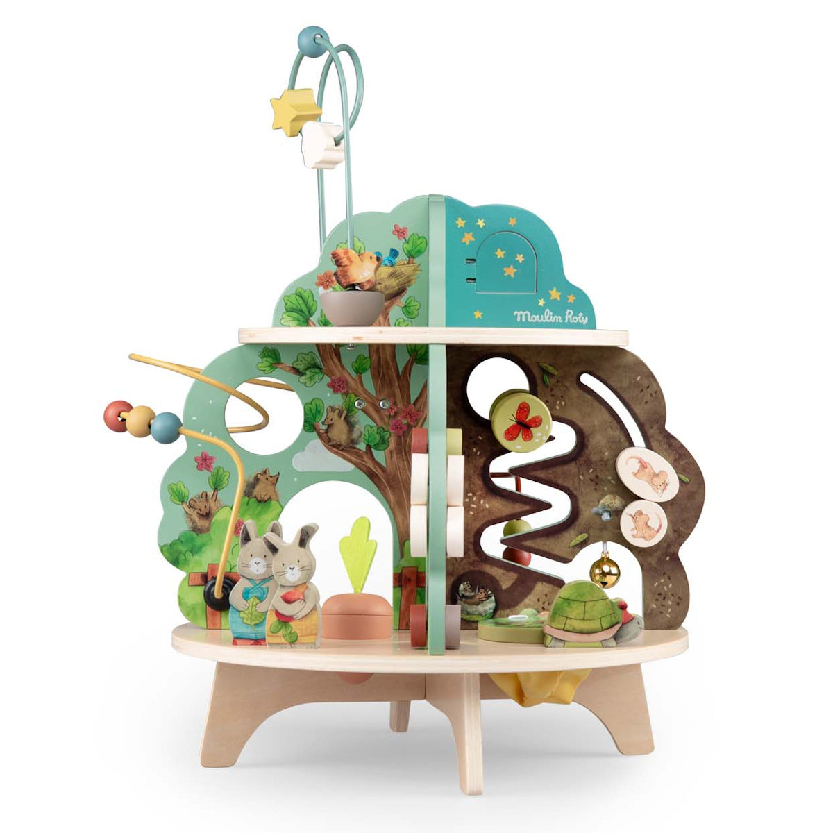 Moulin Roty Trois Petits Lapins wooden multi activity garden toy with rabbit figures and bead maze.