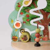 Wooden multi-activity garden toy with fruit bead maze and animal illustrations.