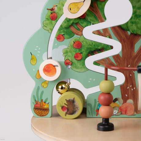 Wooden multi-activity garden toy with fruit bead maze and animal illustrations.