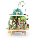 Trois Petits Lapins wooden multi activity garden toy with bead maze and rabbit figures.