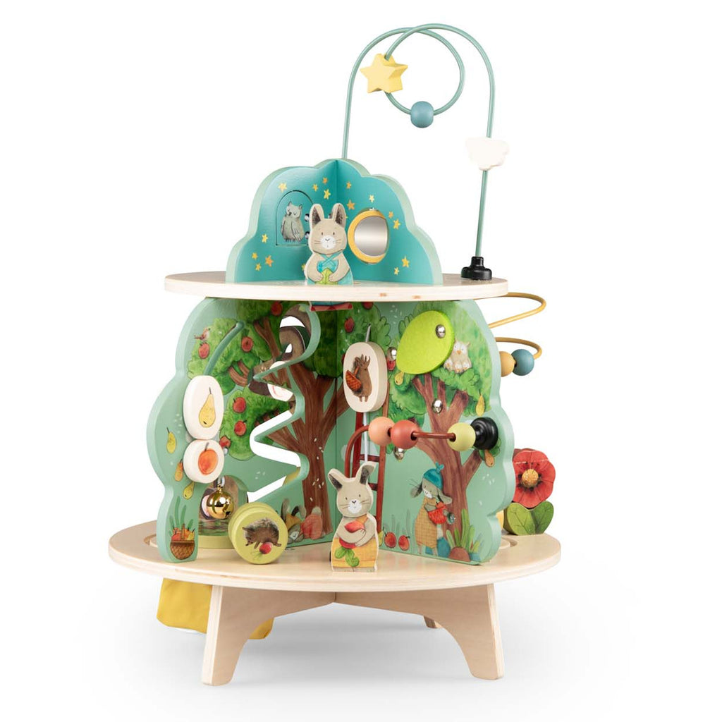 Wooden activity center with multiple levels, featuring zigzag paths, animal engravings, and a star-adorned arch. Bright, playful, and engaging.