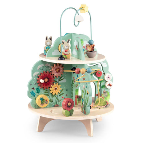 Wooden multi-activity garden toy with rabbit figures, gears, and bead maze.