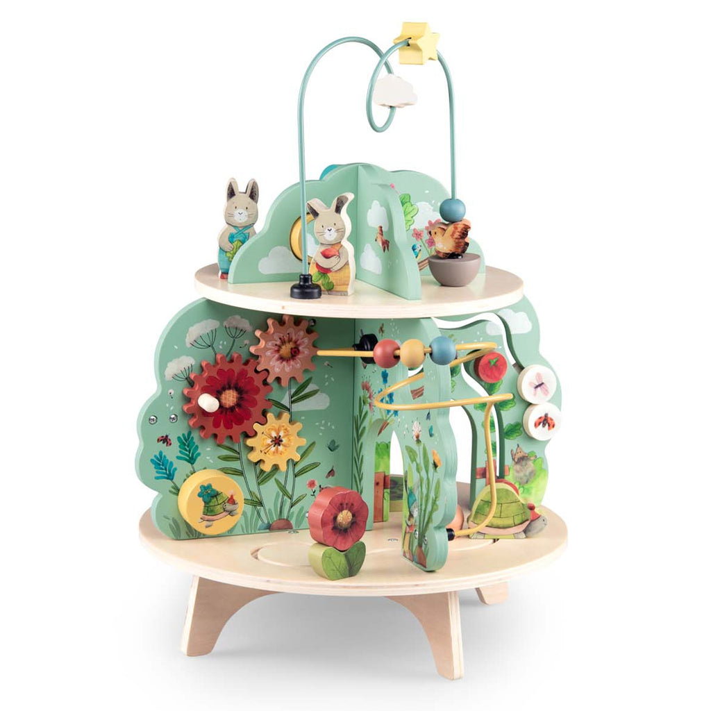 Wooden activity center with multiple levels, featuring zigzag paths, animal engravings, and a star-adorned arch. Bright, playful, and engaging.