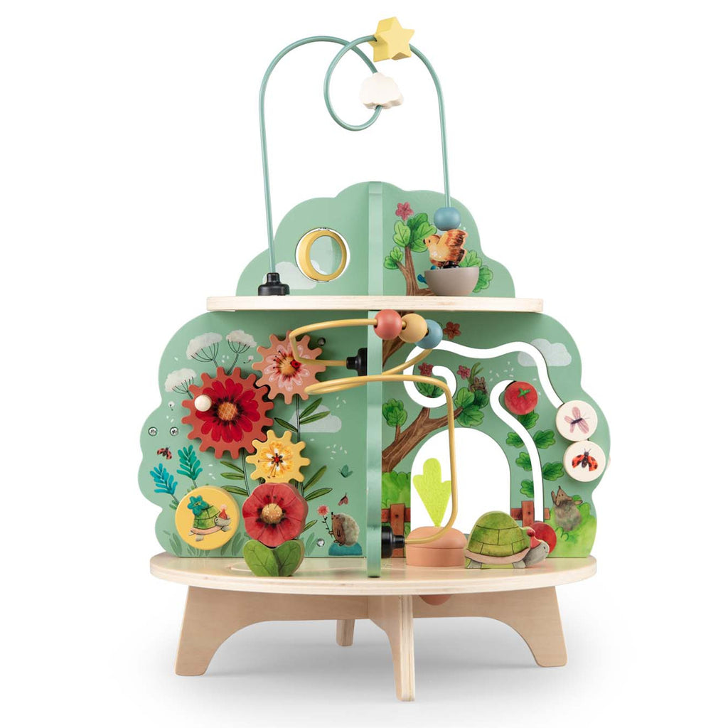 Wooden activity center with multiple levels, featuring zigzag paths, animal engravings, and a star-adorned arch. Bright, playful, and engaging.