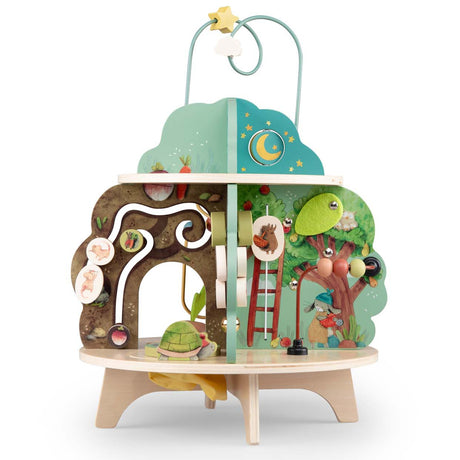 Moulin Roty Trois Petits Lapins wooden multi-activity garden table toy with wire bead maze.