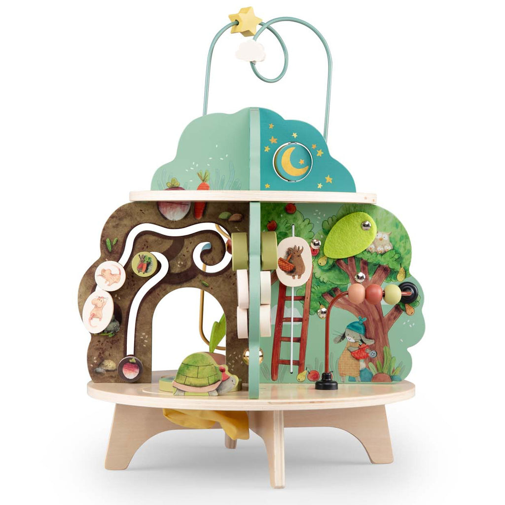 Wooden activity center with multiple levels, featuring zigzag paths, animal engravings, and a star-adorned arch. Bright, playful, and engaging.