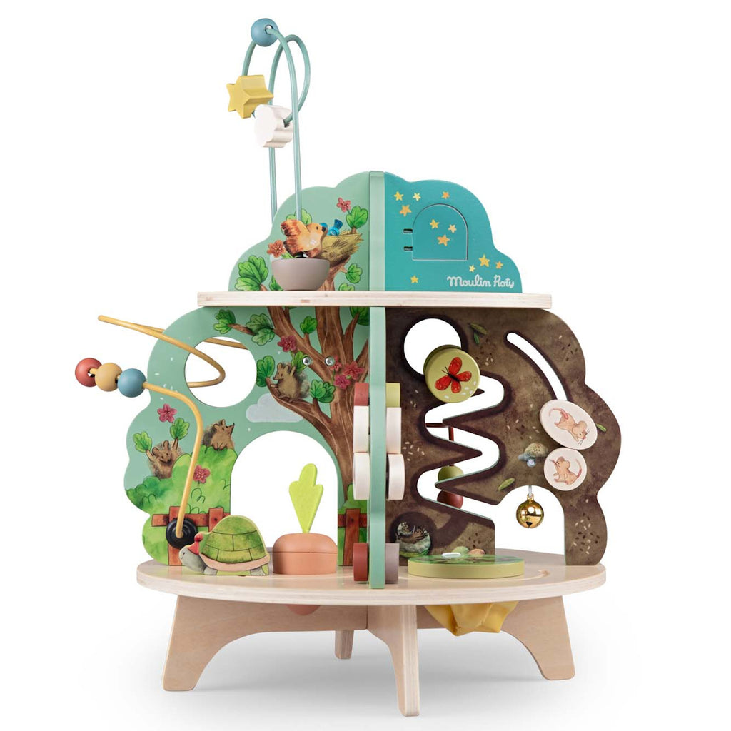 Wooden activity center with multiple levels, featuring zigzag paths, animal engravings, and a star-adorned arch. Bright, playful, and engaging.