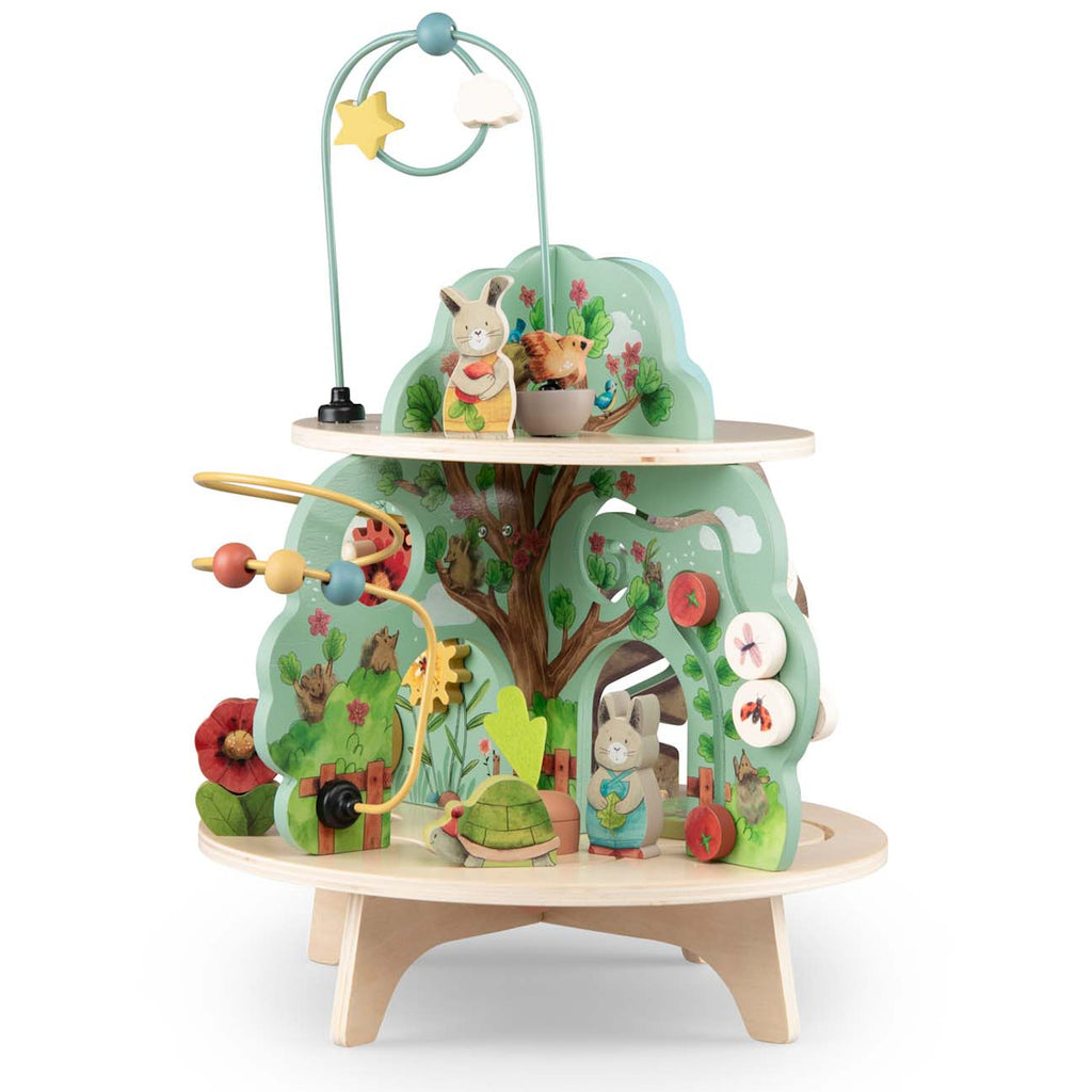 Wooden activity center with multiple levels, featuring zigzag paths, animal engravings, and a star-adorned arch. Bright, playful, and engaging.
