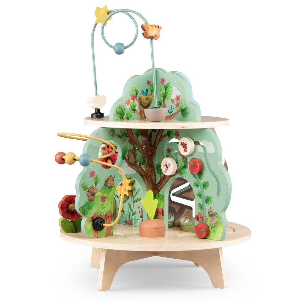 Wooden activity center with multiple levels, featuring zigzag paths, animal engravings, and a star-adorned arch. Bright, playful, and engaging.