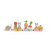 Wooden pull-along activity train toy featuring rabbits, a snail, a carrot, and a flower.