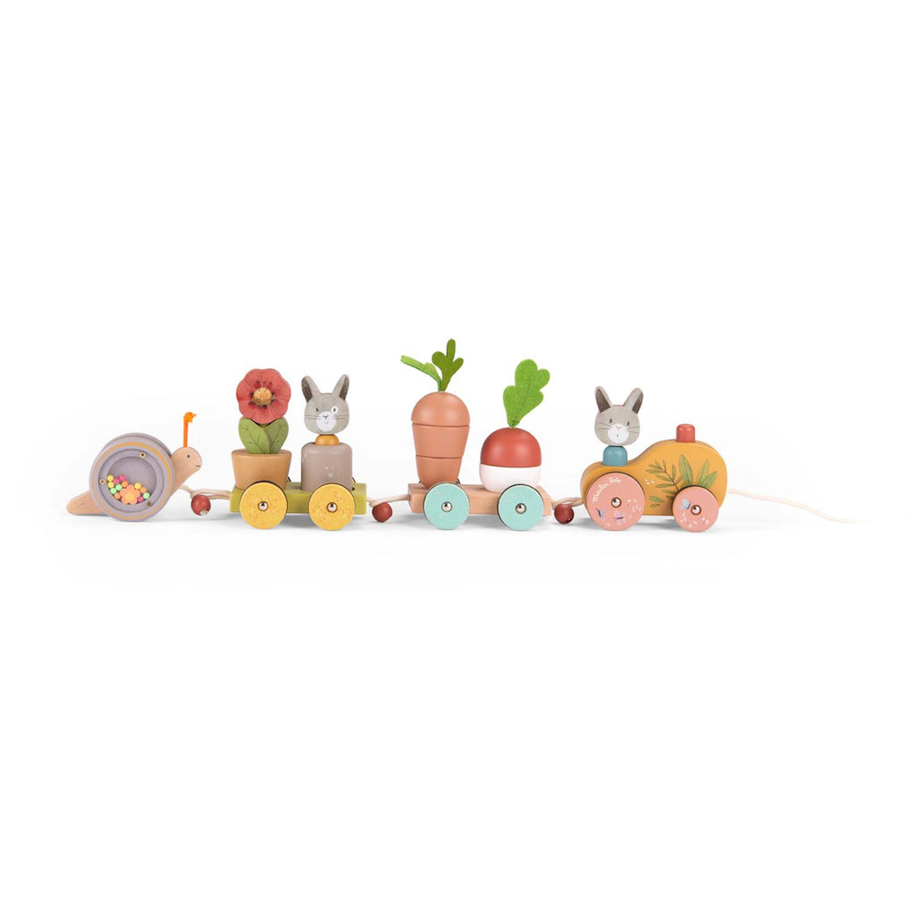 Wooden toy train with pastel-colored wheels, featuring a snail, rabbits, vegetables, and a flower. Whimsical and playful charm.