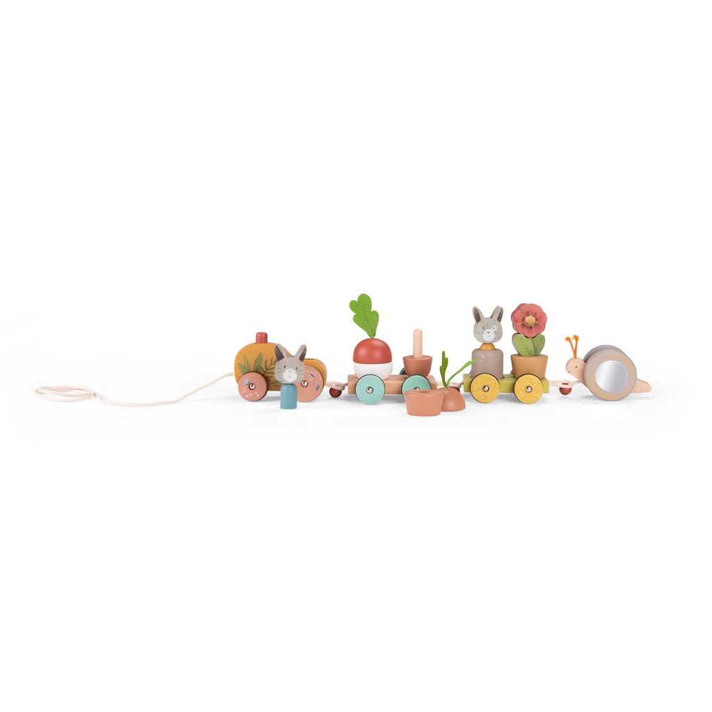 Wooden toy train with pastel-colored wheels, featuring a snail, rabbits, vegetables, and a flower. Whimsical and playful charm.