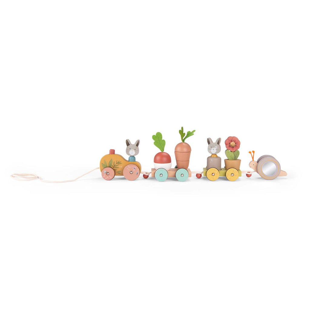 Wooden toy train with pastel-colored wheels, featuring a snail, rabbits, vegetables, and a flower. Whimsical and playful charm.