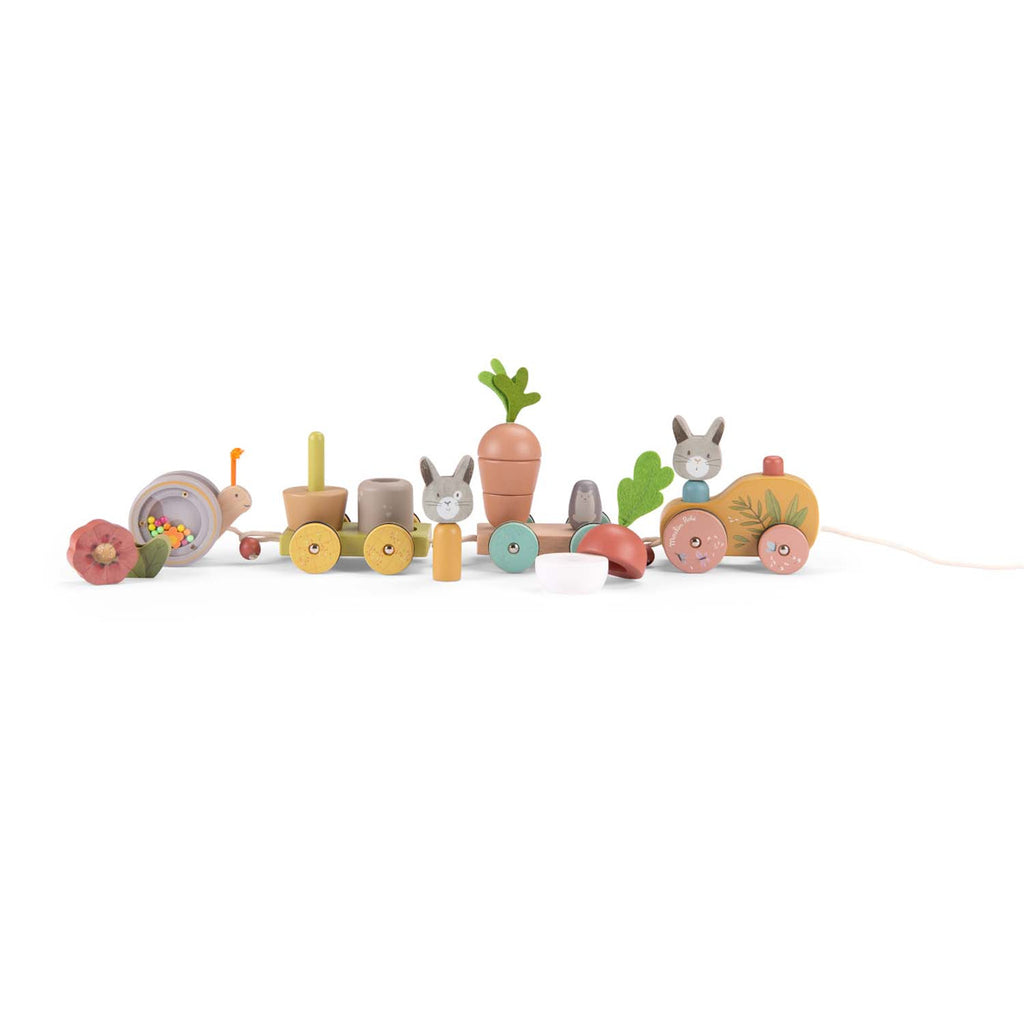 Wooden toy train with pastel-colored wheels, featuring a snail, rabbits, vegetables, and a flower. Whimsical and playful charm.