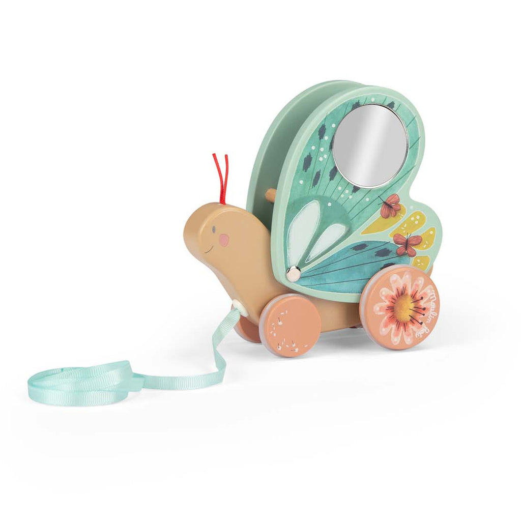 Colorful toy snail with vibrant butterfly wings featuring flowers and a mirror, on wheels with a pull string. Whimsical and playful design.
