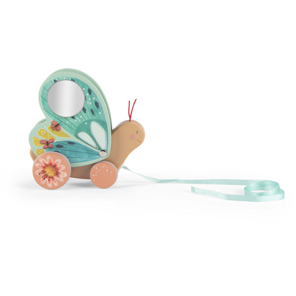 Colorful toy snail with vibrant butterfly wings featuring flowers and a mirror, on wheels with a pull string. Whimsical and playful design.