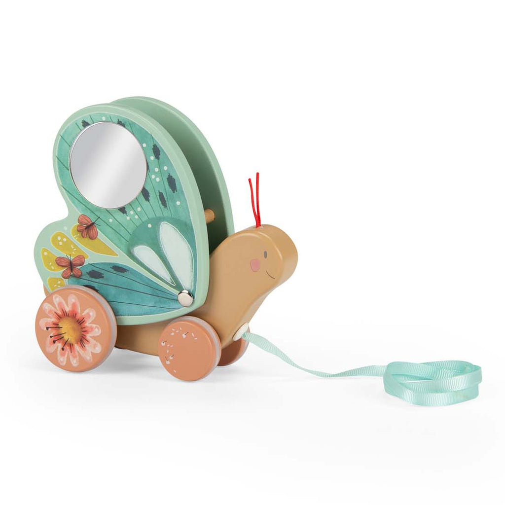 Colorful toy snail with vibrant butterfly wings featuring flowers and a mirror, on wheels with a pull string. Whimsical and playful design.