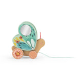 Trois Petits Lapins wooden pull-along butterfly toy with wheels and mirror.