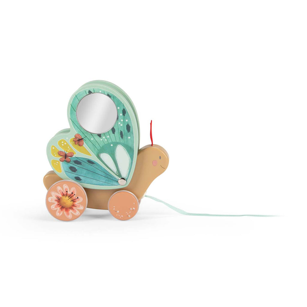 Colorful toy snail with vibrant butterfly wings featuring flowers and a mirror, on wheels with a pull string. Whimsical and playful design.