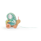 Moulin Roty Trois Petits Lapins wooden pull-along butterfly toy facing right with mirror.