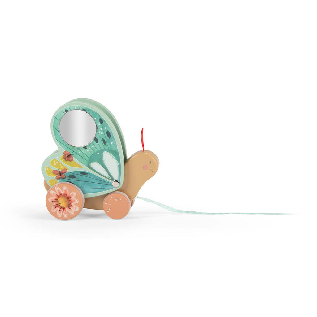 Colorful toy snail with vibrant butterfly wings featuring flowers and a mirror, on wheels with a pull string. Whimsical and playful design.