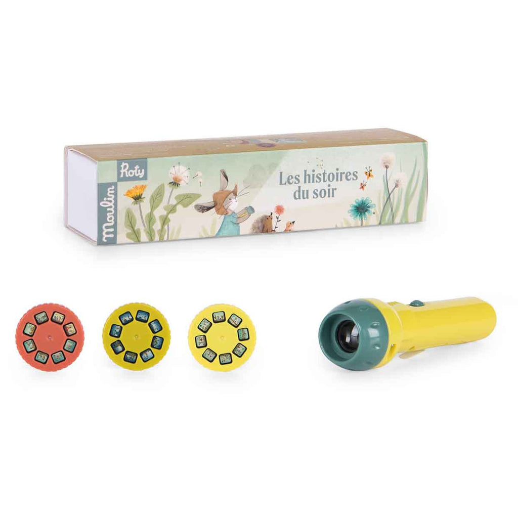 Toy story projector set with a yellow flashlight and three discs, each with tiny images. Box shows whimsical animal illustrations and reads "Les histoires du soir."