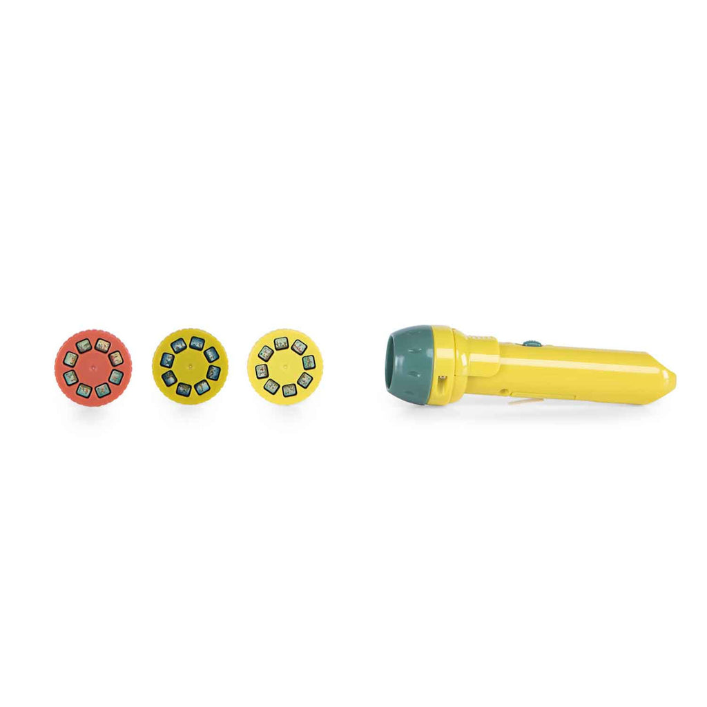 A yellow flashlight with a teal lens cap lies on its side. Next to it are three round discs in red and yellow, each featuring small square images.