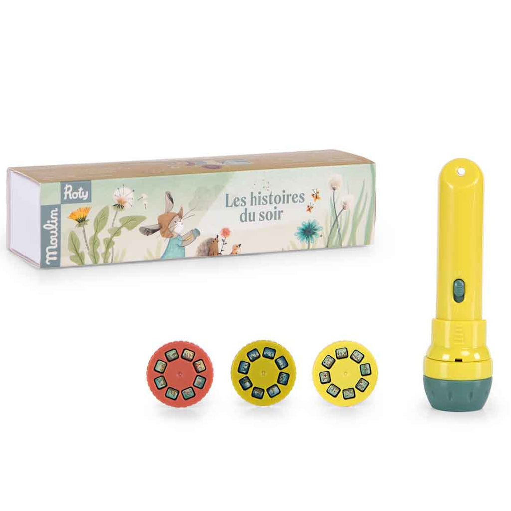 Toy story projector set with a yellow flashlight and three discs, each with tiny images. Box shows whimsical animal illustrations and reads "Les histoires du soir."