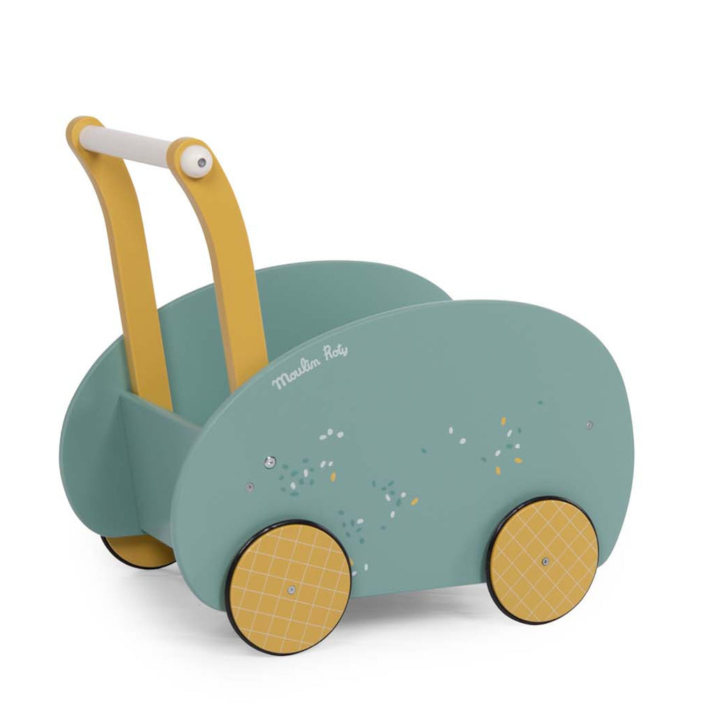 Toy push cart with a teal body and rounded sides, features yellow handles and wheels. Decorated with small sprinkles and a playful, modern design.