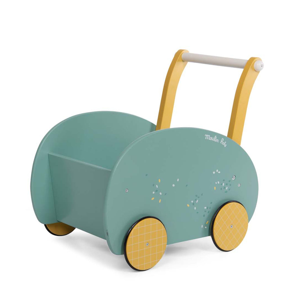 Toy push cart with a teal body and rounded sides, features yellow handles and wheels. Decorated with small sprinkles and a playful, modern design.