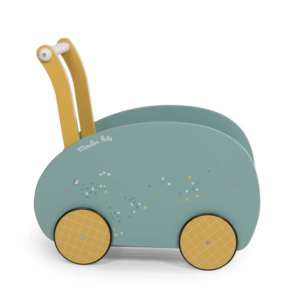 Toy push cart with a teal body and rounded sides, features yellow handles and wheels. Decorated with small sprinkles and a playful, modern design.