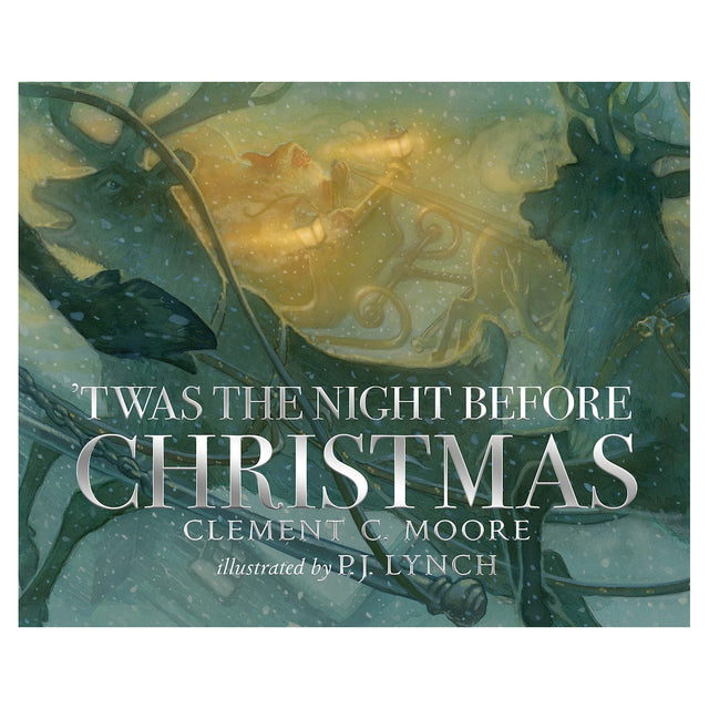 'Twas the Night Before Christmas book cover featuring Santa's sleigh, reindeer, and snowy winter illustration.