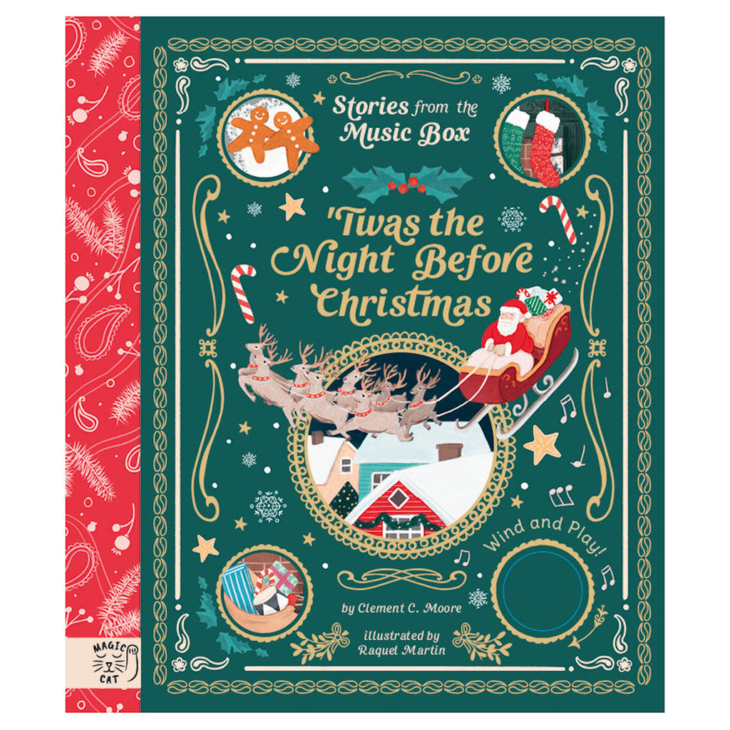 Christmas book cover with Santa in a sleigh led by reindeer, set against a green background. Features candy canes and musical notes. Festive and whimsical.