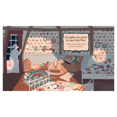 A cozy bedroom with two children sleeping in beds, a rocking horse, and toys scattered. A person in pajamas looks outside, creating a calm, festive atmosphere.