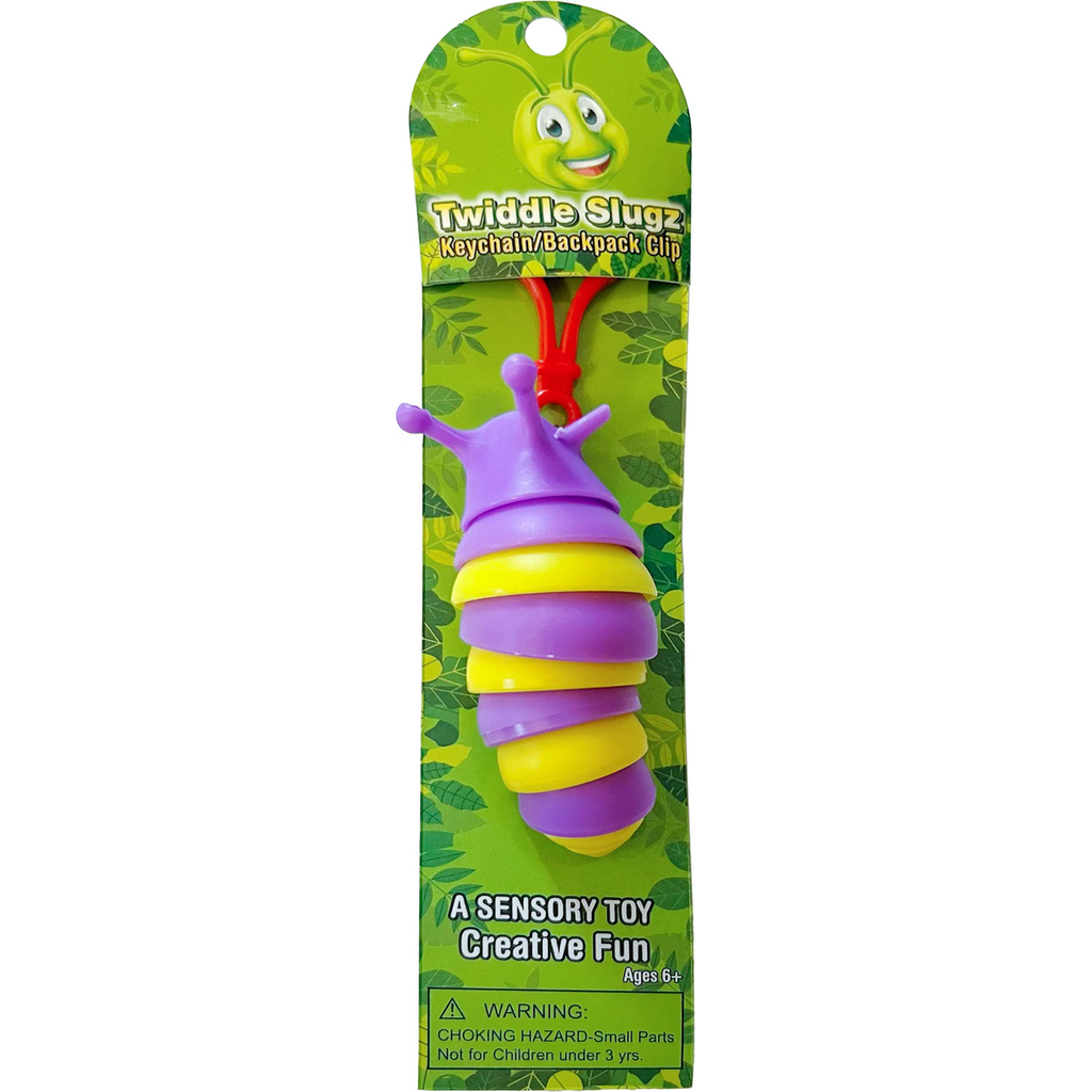 A multicolored sensory toy resembling a slug, with yellow and purple segments, is packaged on a green card labeled "Twiddle Slugz Keychain." Suitable for ages 6+.