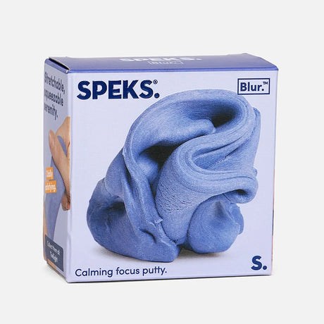 Purple-blue box for Speks Blur calming focus putty featuring a swirled periwinkle putty graphic.