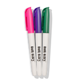 Three marker pens standing vertically with pink, purple, and green caps, featuring "Boni Bizzy" on white barrels.