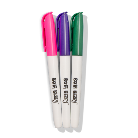 Three marker pens standing vertically with pink, purple, and green caps, featuring "Boni Bizzy" on white barrels.