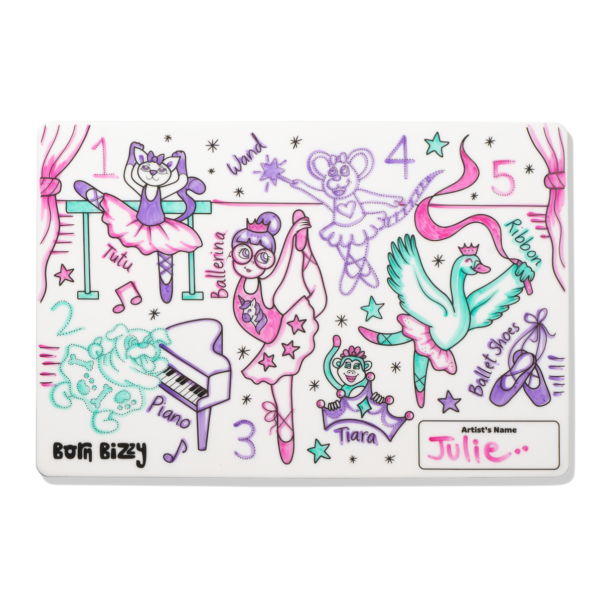 A colorful, child's ballet-themed activity mat featuring a ballerina, animals, and numbers, signed by Julie.