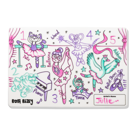 A colorful, child's ballet-themed activity mat featuring a ballerina, animals, and numbers, signed by Julie.