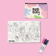 A Born Bizzy coloring mat set with a ballet-themed mat, a colorful zippered pouch, and three markers.