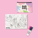A Born Bizzy coloring mat set with a ballet-themed mat, a colorful zippered pouch, and three markers.
