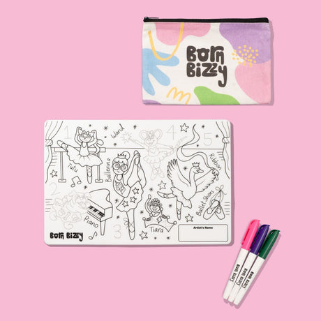 A Born Bizzy coloring mat set with a ballet-themed mat, a colorful zippered pouch, and three markers.