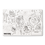 Black-and-white ballet-themed coloring mat featuring a ballerina, animals, and musical instruments.
