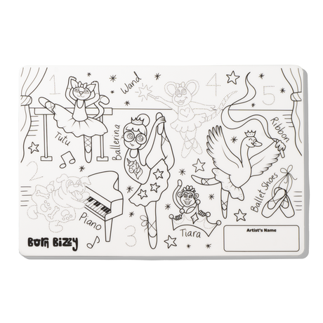 Black-and-white ballet-themed coloring mat featuring a ballerina, animals, and musical instruments.