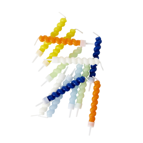 Brightly colored spiral candles in hues of blue, orange, yellow, and white are scattered on a white background, creating a playful and vibrant look.