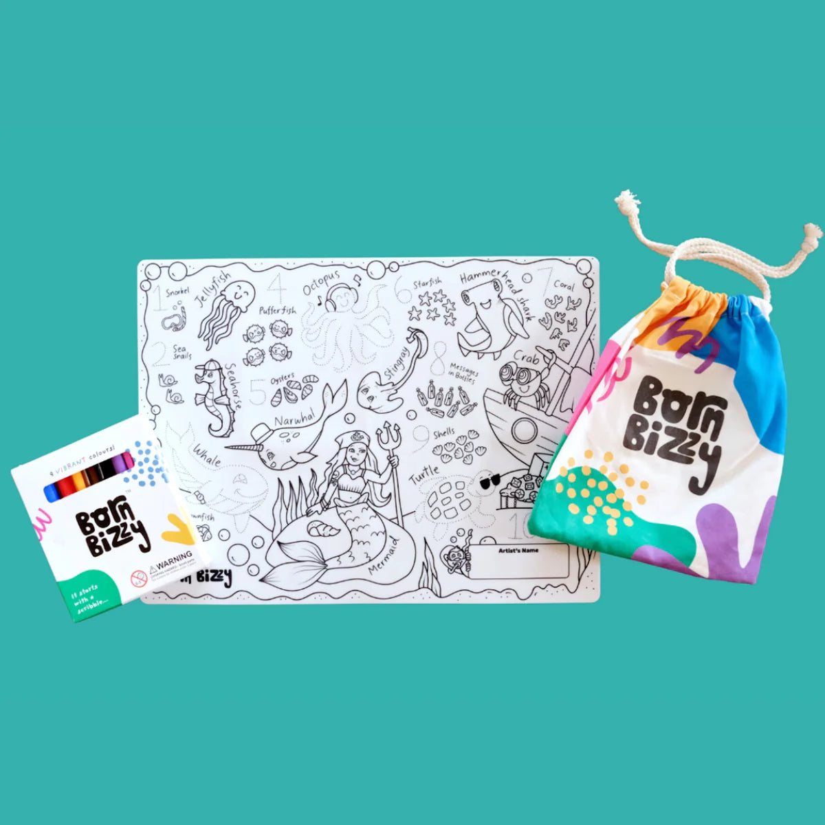 A "Born Bizzy" children's under-the-sea coloring mat set with markers and a colorful drawstring storage bag.