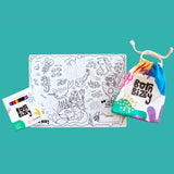 A "Born Bizzy" children's under-the-sea coloring mat set with markers and a colorful drawstring storage bag.